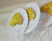 6 Yellow Glitter Heart Tags Threaded White
