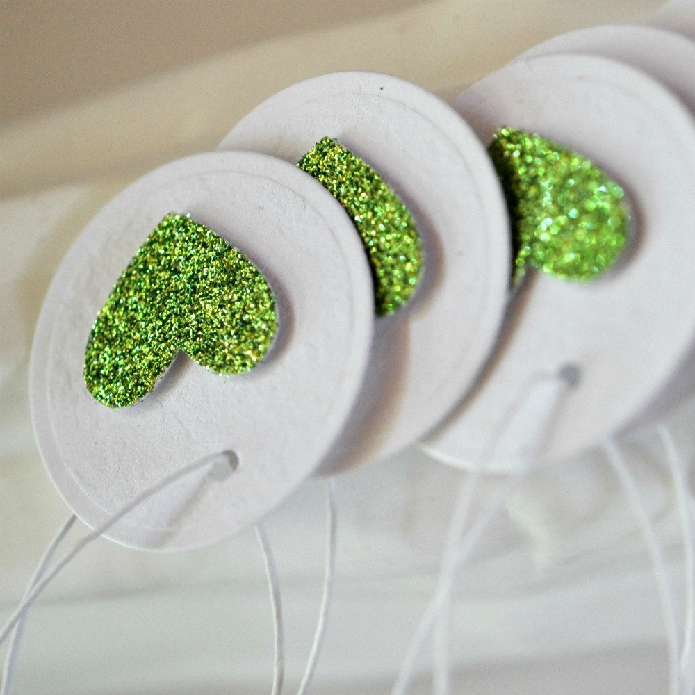 6 Green Glitter Heart Tags Threaded White