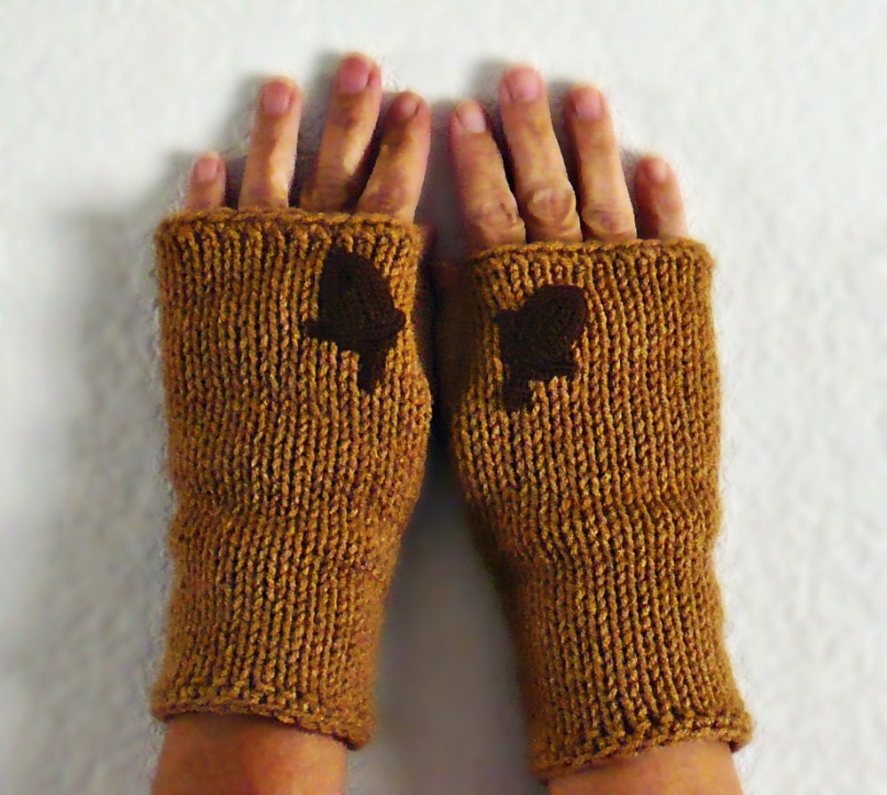 Knit Fingerless Gloves Arm Warmers Fingerless Mittens Hand Warmers Gauntlets With Irish Crochet Acorn Motif Warm Caramel Brown