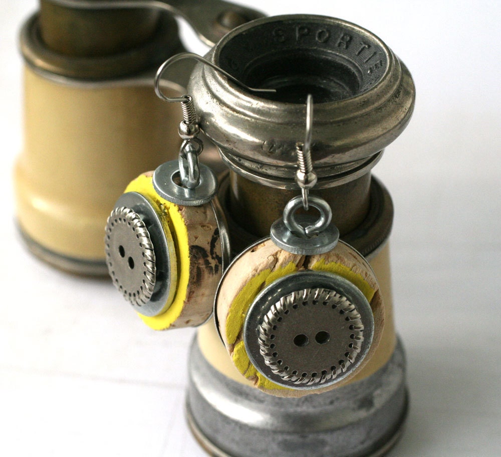 Yellow Earrings - Recycled Wine Cork and Button - Upcycled by Uncorked
