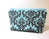 Medium Cosmetic Pouch Brown and Blue Damask Print