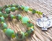 Our Lady of Olives Green Sea glass Chaplet Vintage 3 Way Miraculous Medal Cross  2 Decades Free Shipping US and Canada