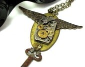 Steampunk Wings Necklace Vintage Watch Movement Gears Old Key Vintage Tag Exclusive Design by Mystic Pieces