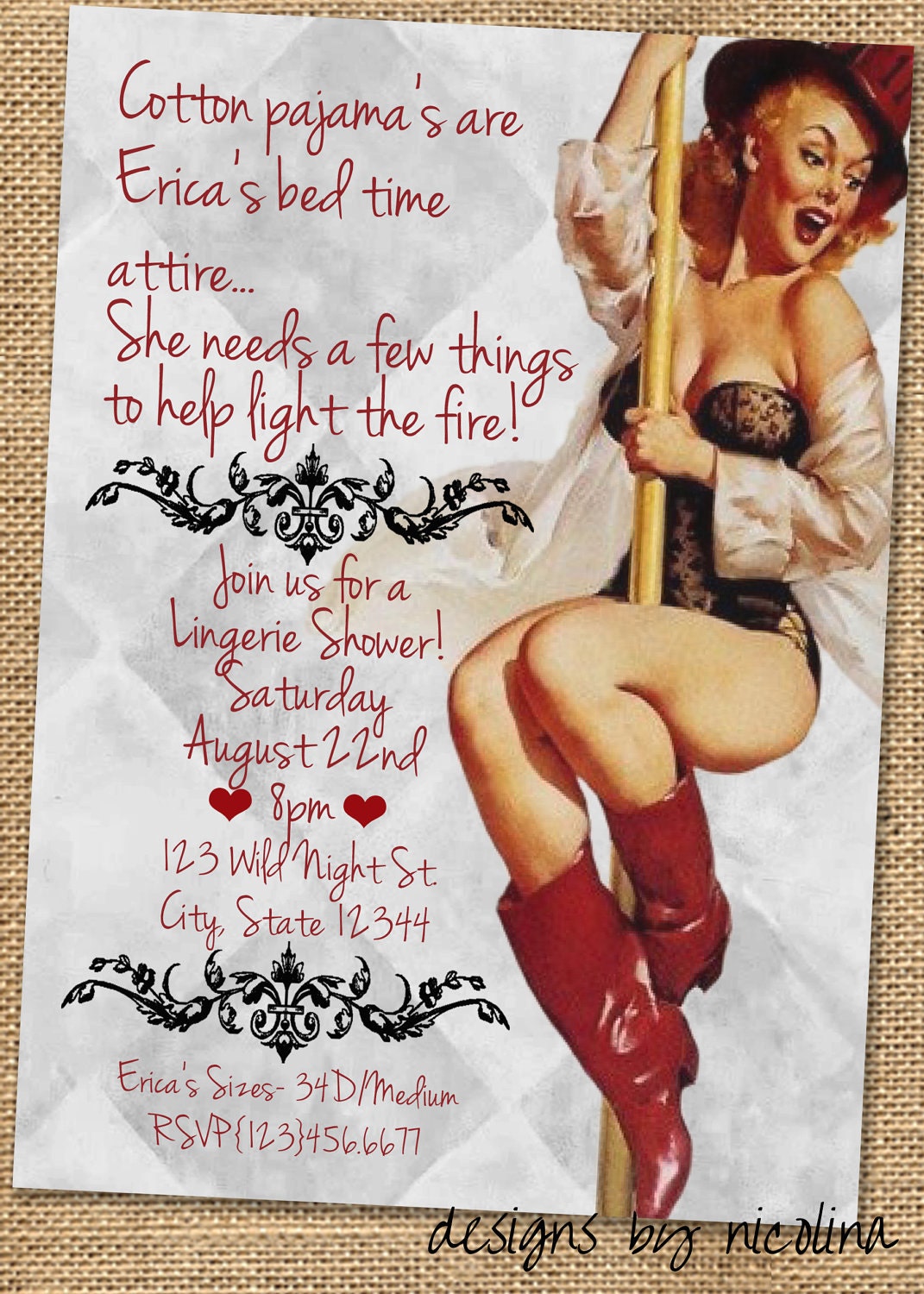 Firefighter Pin-Up Girl Lingerie Shower PRINTABLE Invitation