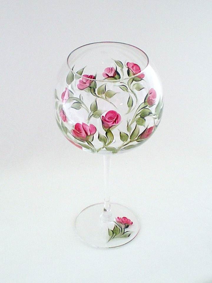Hand Painted Red Wine Glasses - Classic Deep Red Rose Buds, Spring Green Leaves - Set of 8 - Mothers Day Wedding Bridesmaid Gift CRYSTAL