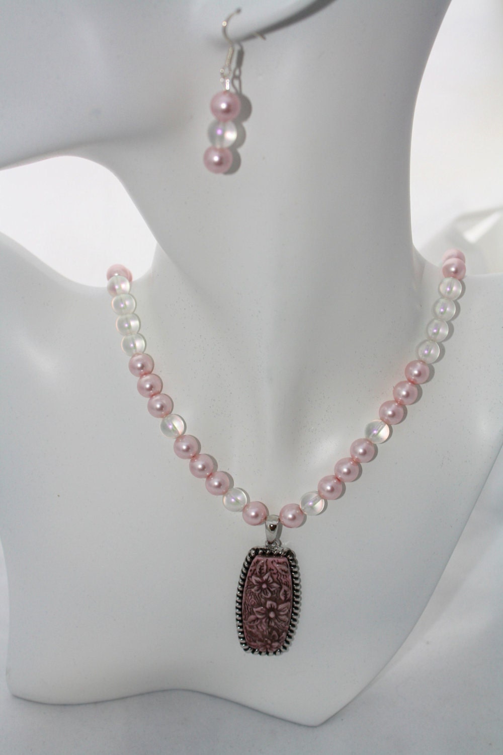 Pink Glass Pearls Necklace Pendant and Earrings set  with clear Crystal Beads