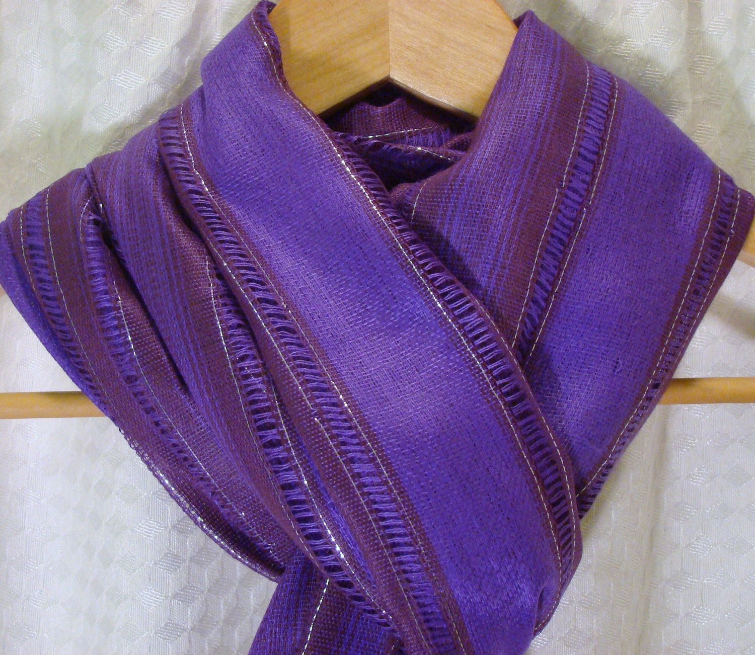 Vibrant Purple and Brown with Silver Metallic Thread Wide Stripe Cotton Scarf/Shawl/Wrap