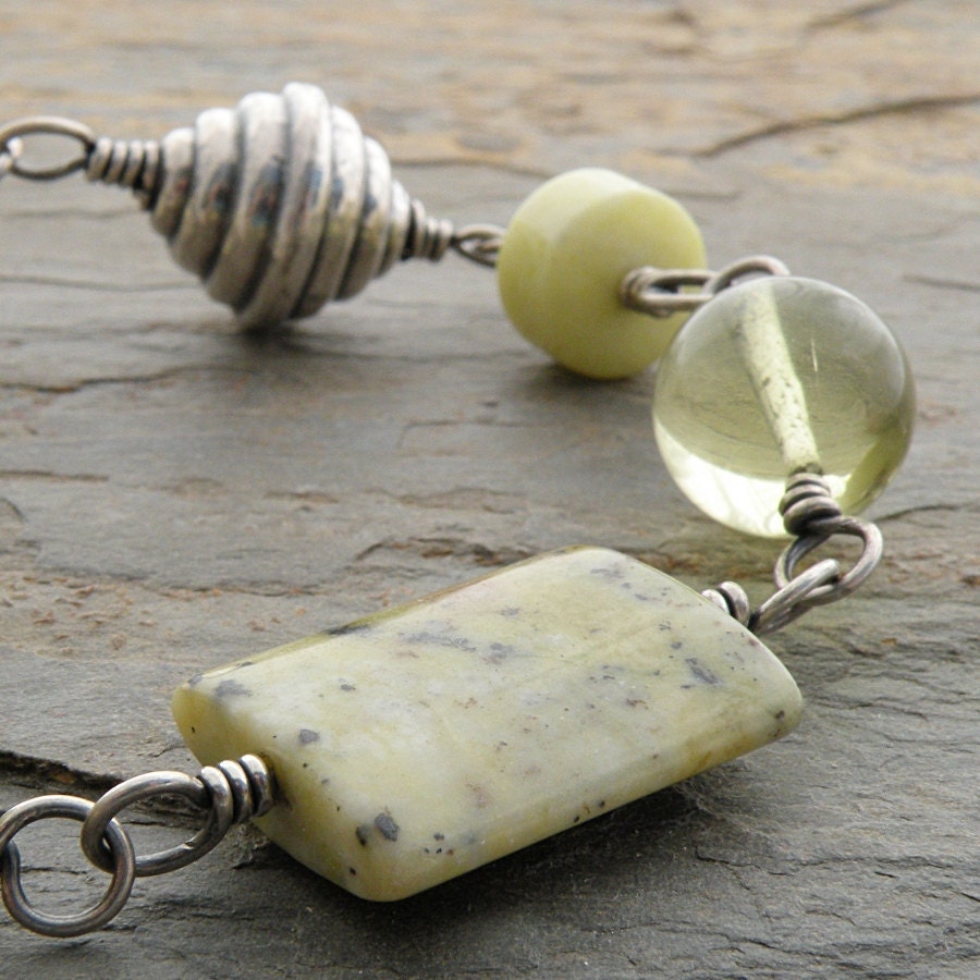 Chunky Yellow-Green Stones Bracelet, Serpentine, Green Quartz, Lemon Quartz, Jasper, Sterling Silver, Wire Wrapped