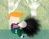 Little boy and Hedgehog - Kids Deco - Art Print for Children - Illustration