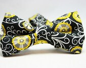 Bow tie - Charcoal Grey, Yellow, White Swirls and Floral Print - Fits newborns through adults