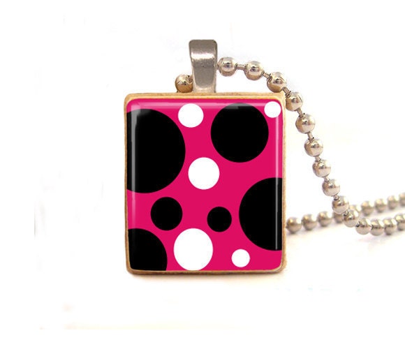 Scrabble tile pendant  Black and white polka on Hot pink   - Sale  Buy 3 Get 1 free