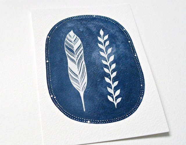 feather and stem . original fine art painting on paper . blue and white . by natasha newton
