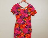 1980s Super Bright Flowers Bodycon Dress, M/L
