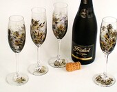 Hand Painted Champagne Flutes Set of 4 - Metallic Gold, Ebony Roses European Fine CRYSTAL Glasses - Wedding 50th Anniversary Mothers Day