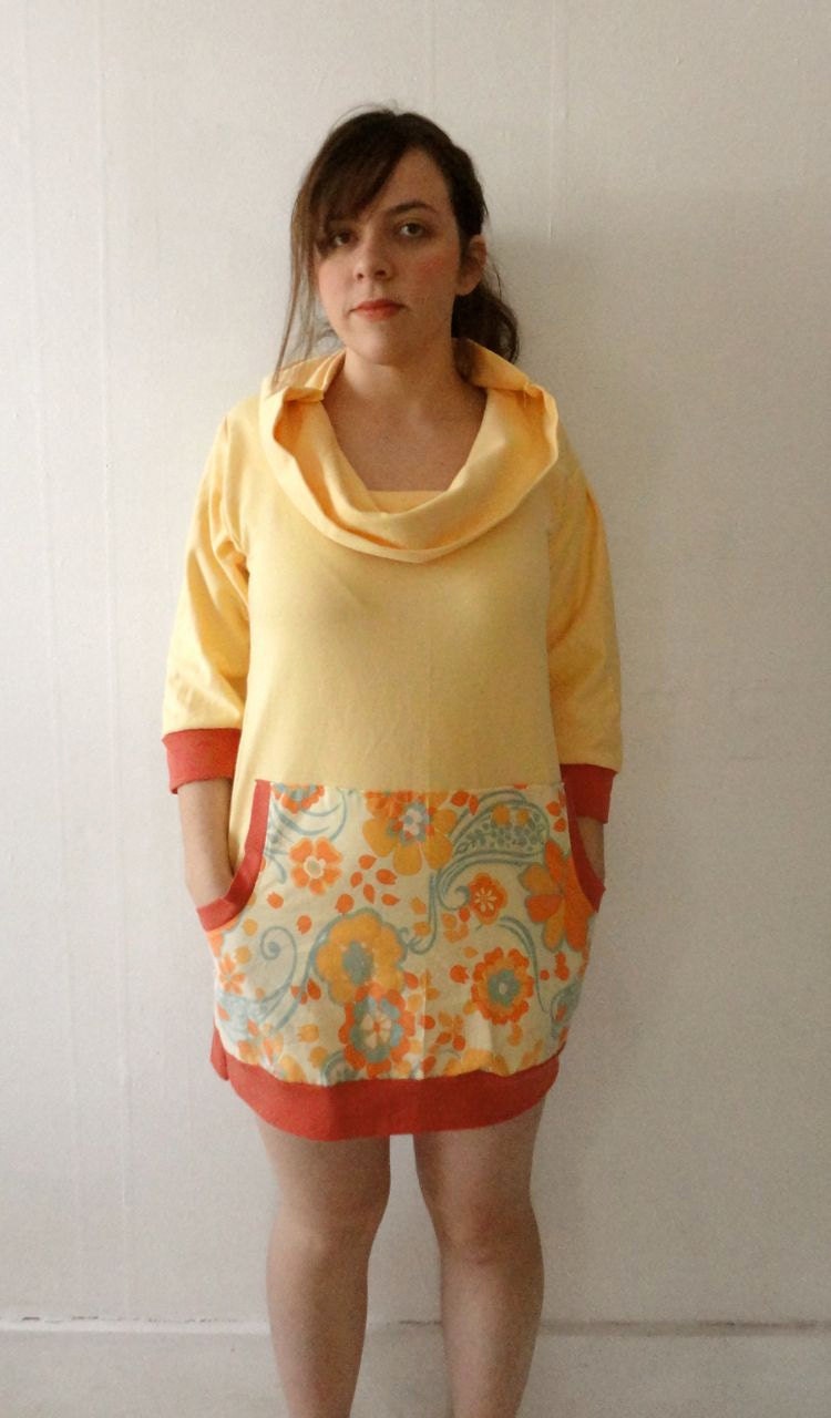 Womens Yellow Cowl Dress with Vintage Floral Pockets and 3/4 length sleeves in Medium// by Nicoles Threads