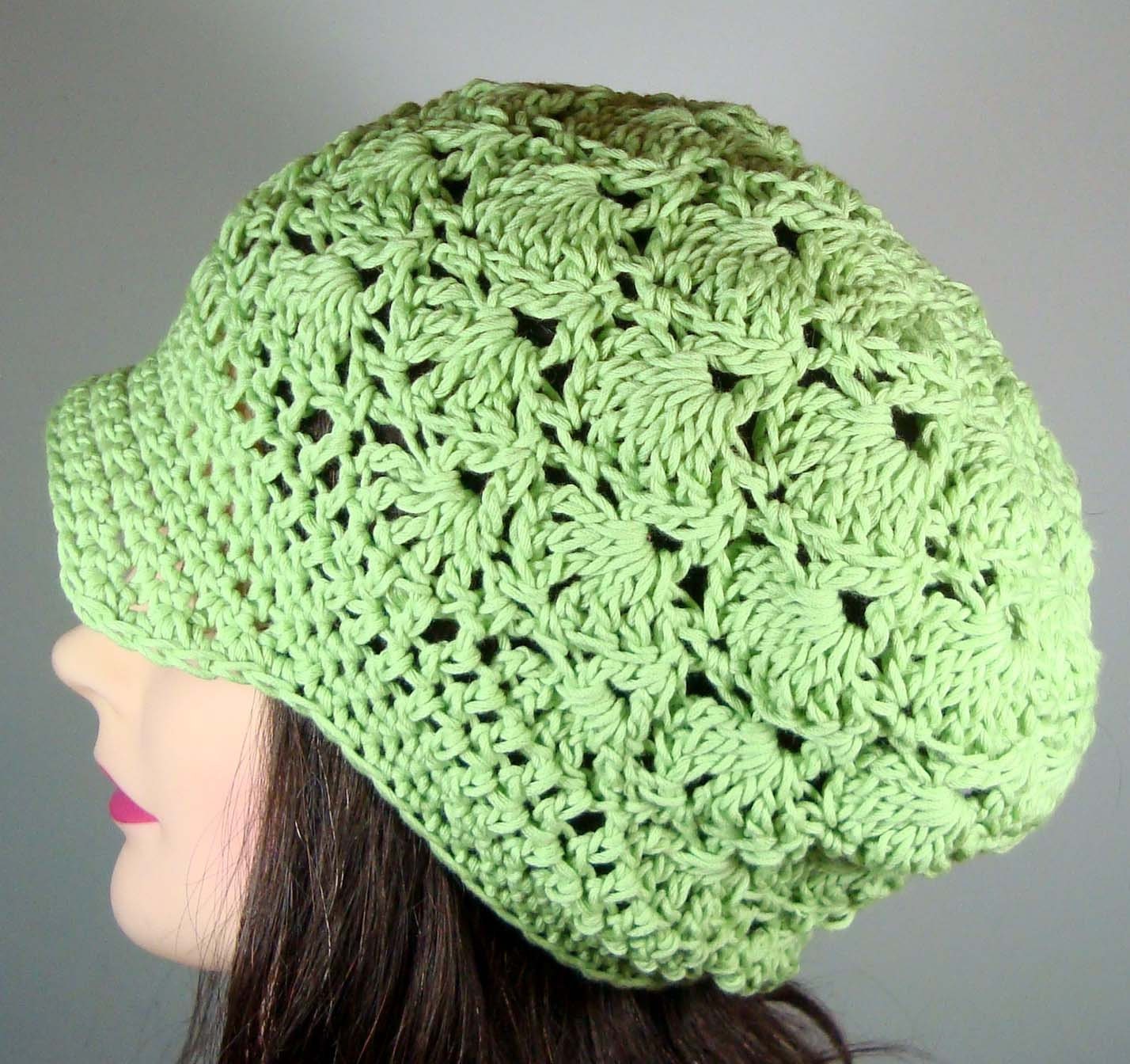 Newsboy Hat Organic Cotton Crochet Shells in Spring Green