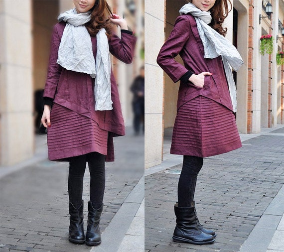 Layered Pleated Linen Dress in Purple/ Winter Dress Gown - Made to order