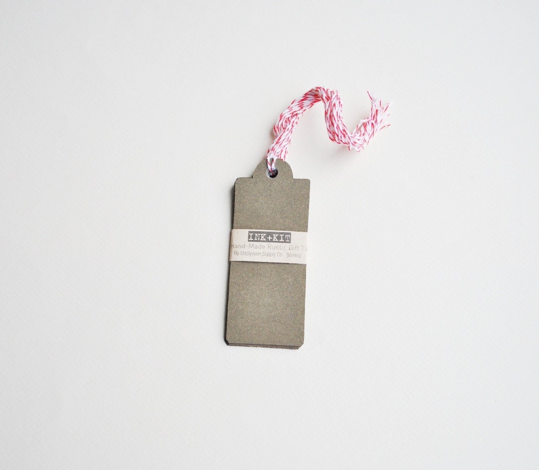 10 rustic olive gift tags with red/ white twine