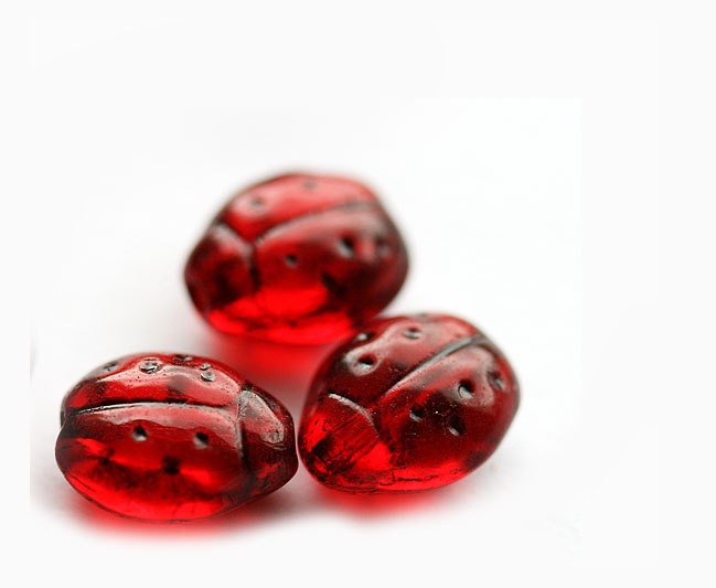 Red ladybugs Czech Glass beads - transparent dark red, black dots, woodland - 9x7mm - 20Pc - 0168 - MayaHoney
