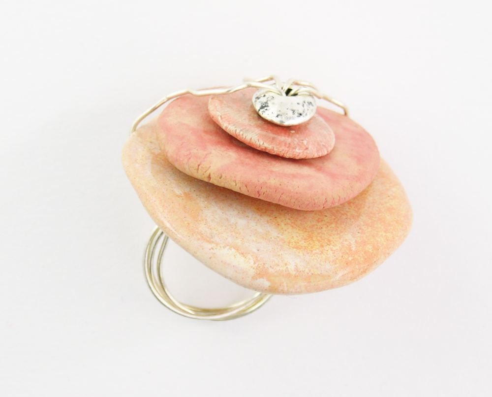 cocktail ring ceramic wire wrapped in peach pink pastel stacked modern bold statement free shipping - PiaBarileJewelry