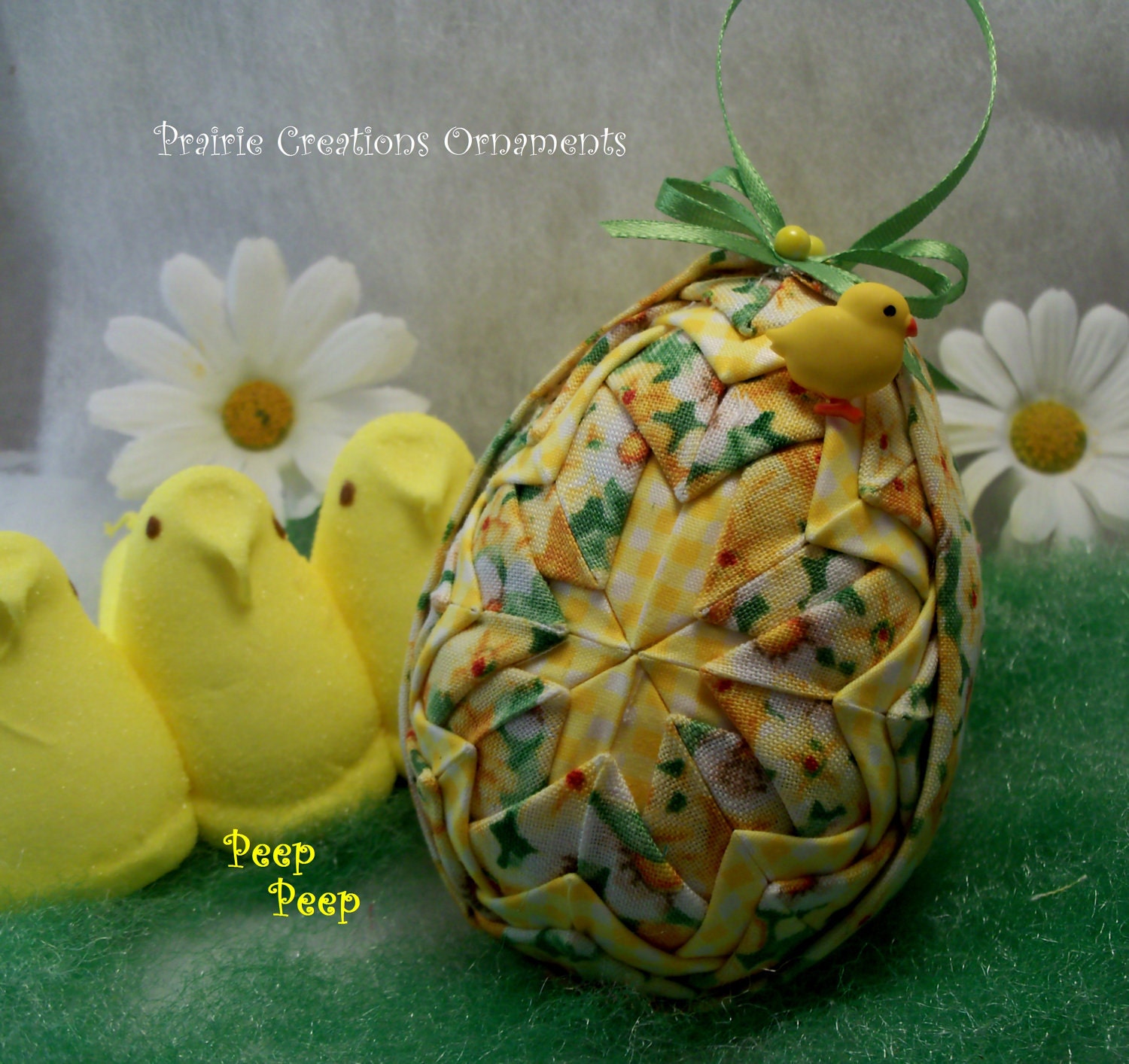 Quilted Ornament Easter Egg Bright Yellow Flowers with Chick Button