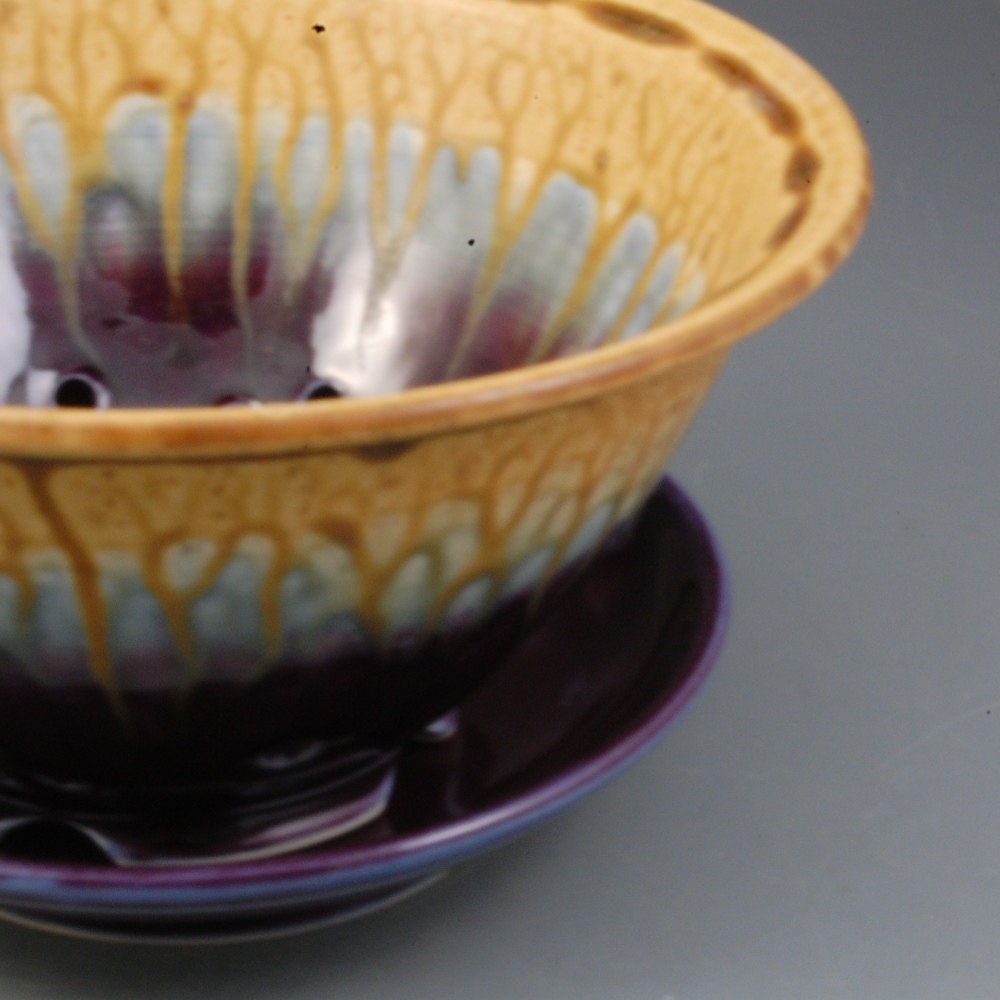 Berry Bowl Colander Eggplant Purple and Golden Brown handmade porcelain by Mark Hudak
