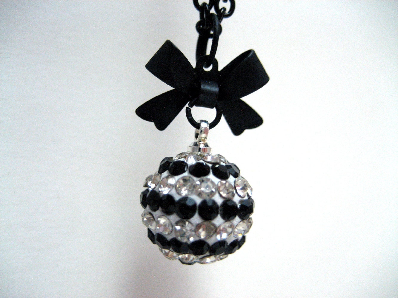 Black Striped Rhinestone Orb Necklace - Super sparkly black and white stripes rhinestone orb with black bow - Punk Gothic Lolita