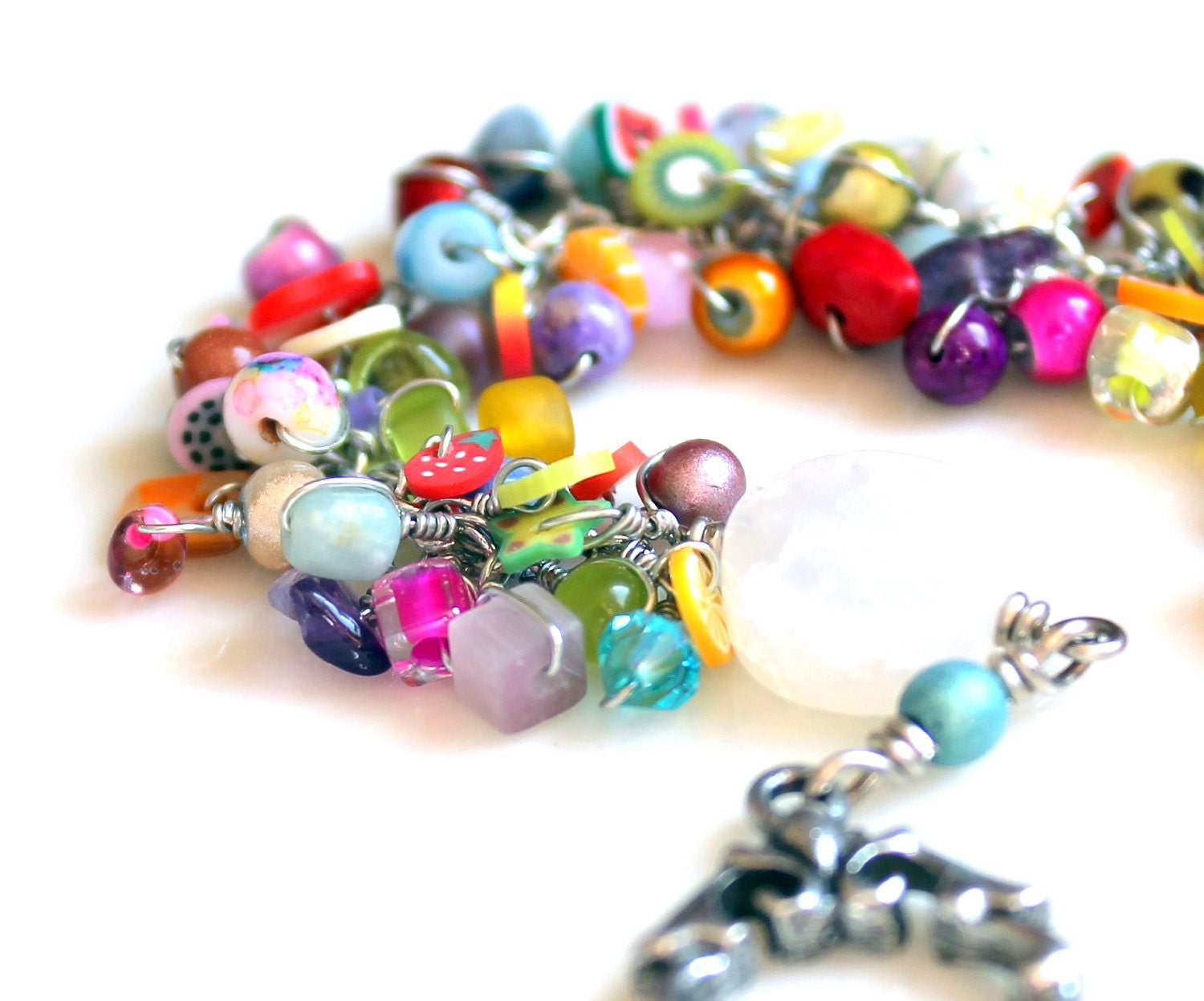 rainbow neon bracelet. fruit beaded fringe charm bracelet. beads jewelry multicolored beads charms pink wire wrapped uniquenecks bracelet