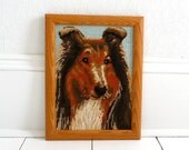Vintage 70s Collie Dog Cross Stitch Wall Hanging - Framed, Picture, Art