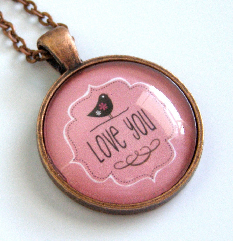 Love You Necklace - Glass, Antique Copper, Pink