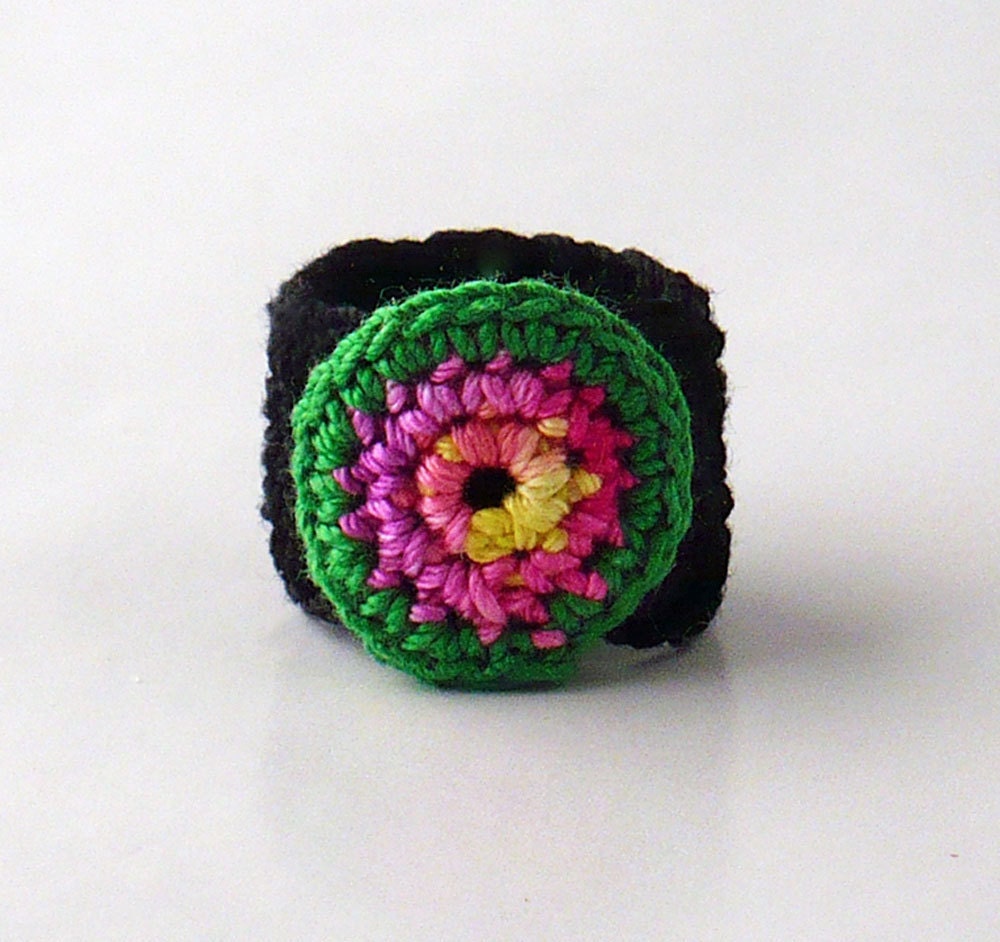 Crochet Ring Circle Design Yellow Fuschia Pink Green On A Black Band