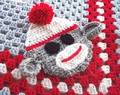Sock Monkey Granny Square Blanket  - Red and Gray Crochet Baby Blanket / Afghan with Sock Monkey Applique - 32 x 32 Size