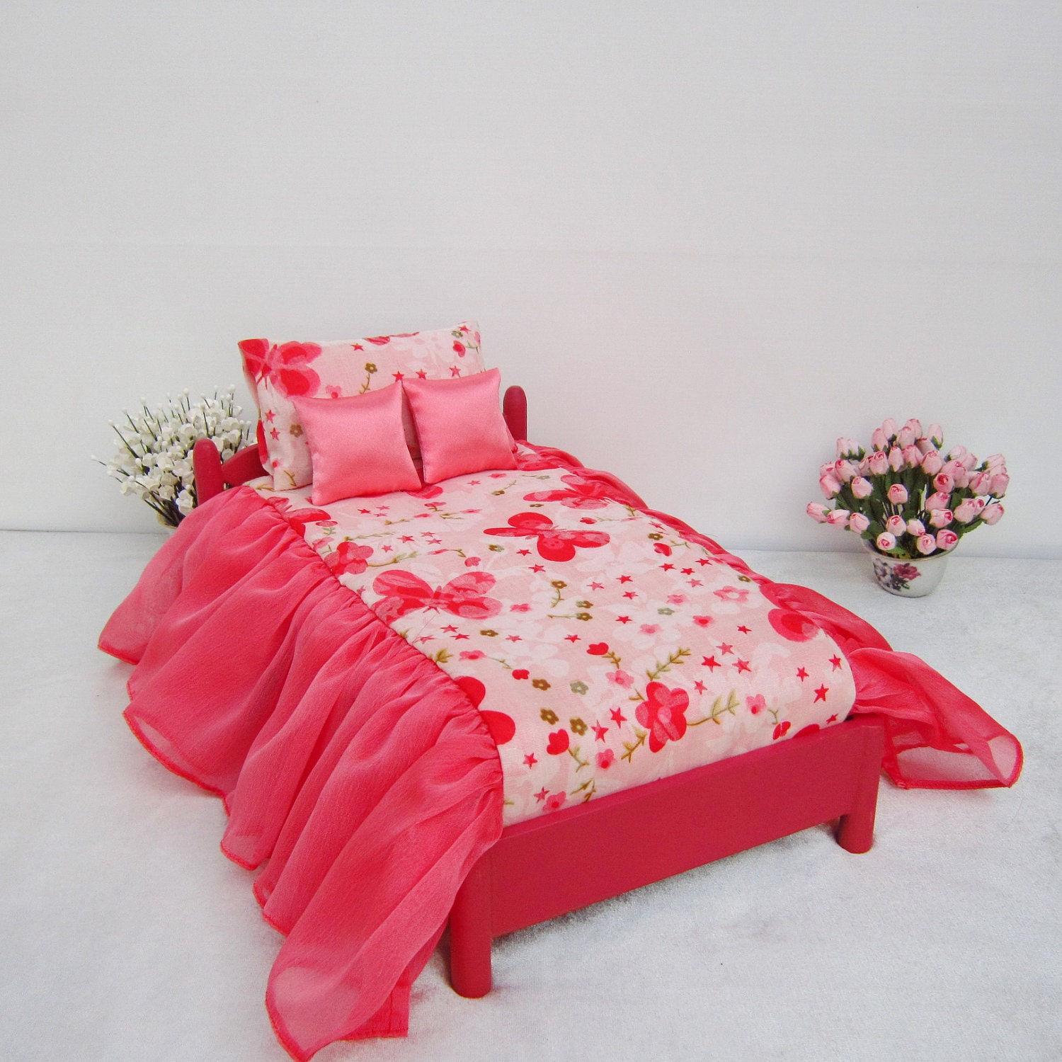 1:6 scale Doll house Luxury Peach floral butterfly flounce bedspread bedding
