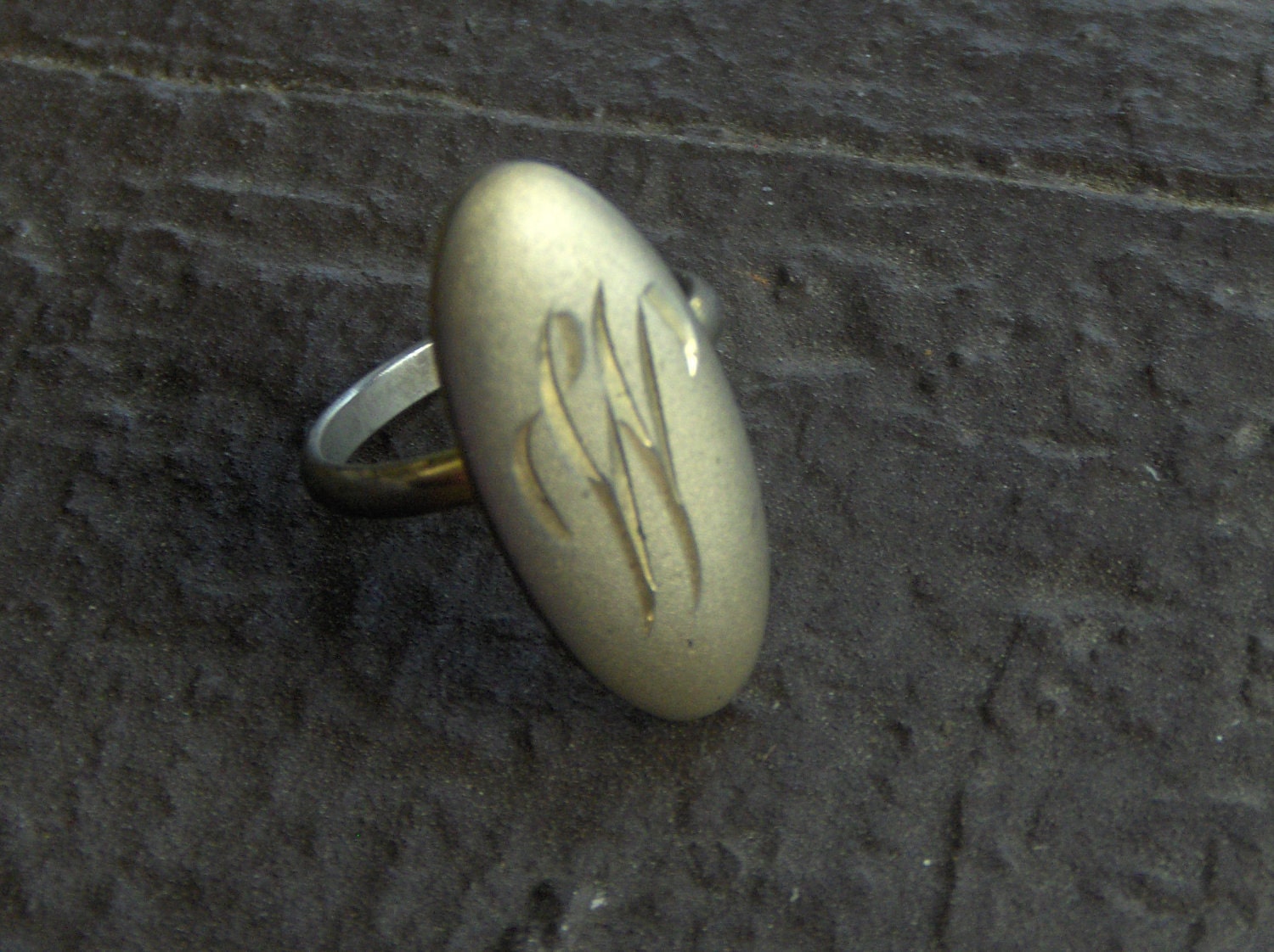 Vintage Gold Tone Initial W  oval brushed brass cocktail ring