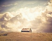 Barn Photo. Vintage Country Photo. "Atop the Hill.." 8.5x11inch Photo. Clouds. Cloudy Sky. Dreamy. Pale. Pastel. gold. pink. blue.