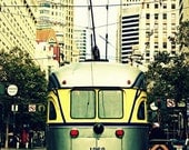 San Francisco Photo. City Photo "Trolley Ride" 8.5x11inch Photo. Silver. Yellow. Trolley. City. Buildings. Cars. trees. people
