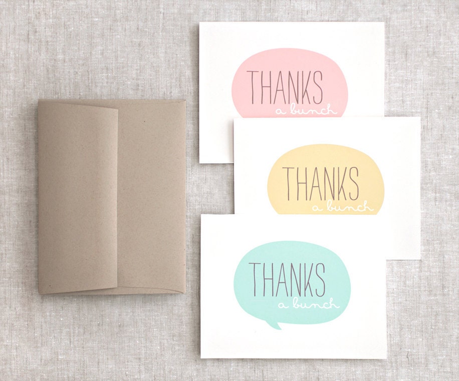 Thank You Cards, Set of 6 - Spring Pastel Mint, Pink Peach, Mustard Yellow - Eco Friendly, Wedding, Graduation