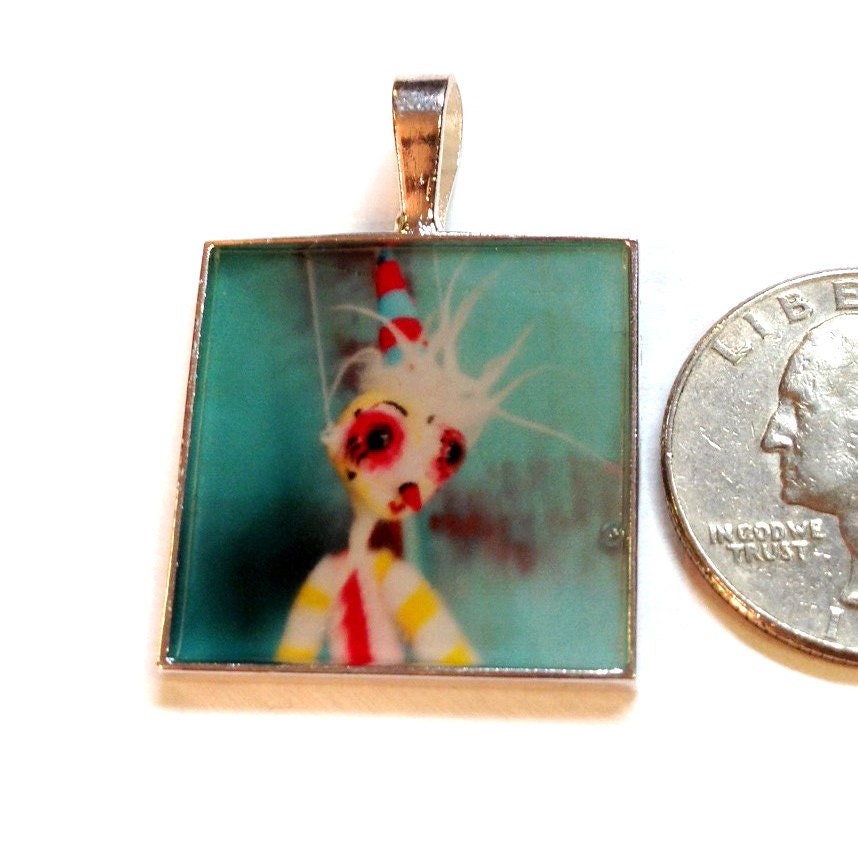 Circus Art Pendant Necklace. Cute little twisted doll faces wearable art Mini Photo Print, red blue yellow, strange outsider folk art