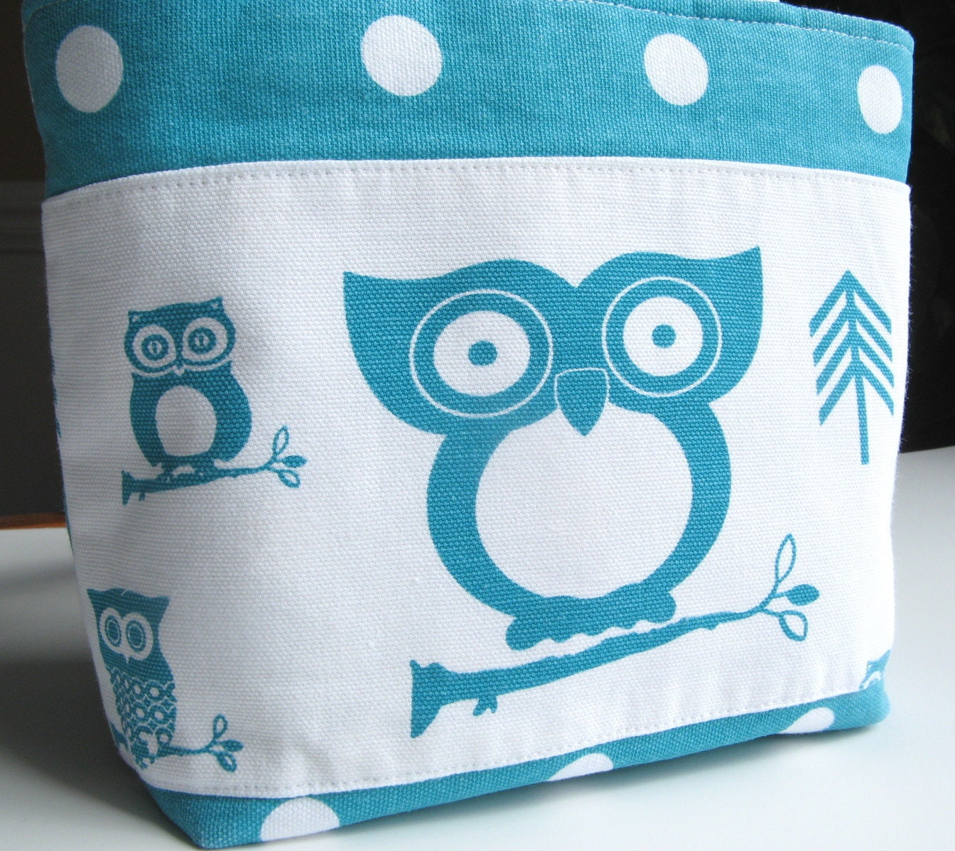 Cute Owls Purse Tote Bag Turquoise White Dots