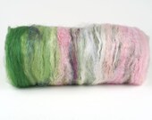 Carded Art Batt, Spinning or Felting, Merino, BFL, Green and Pink, 'Spring Cherry Blossom'