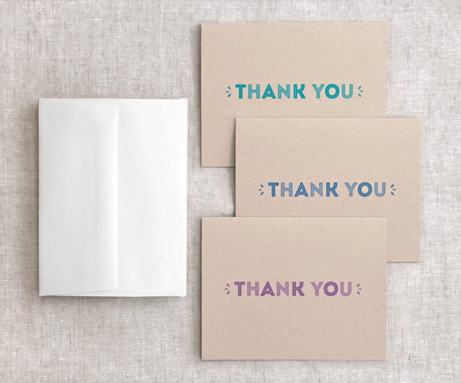 Thank You Cards, Set of 6 - Blue, Purple, Teal - Eco Friendly Typography Cards, Graduation