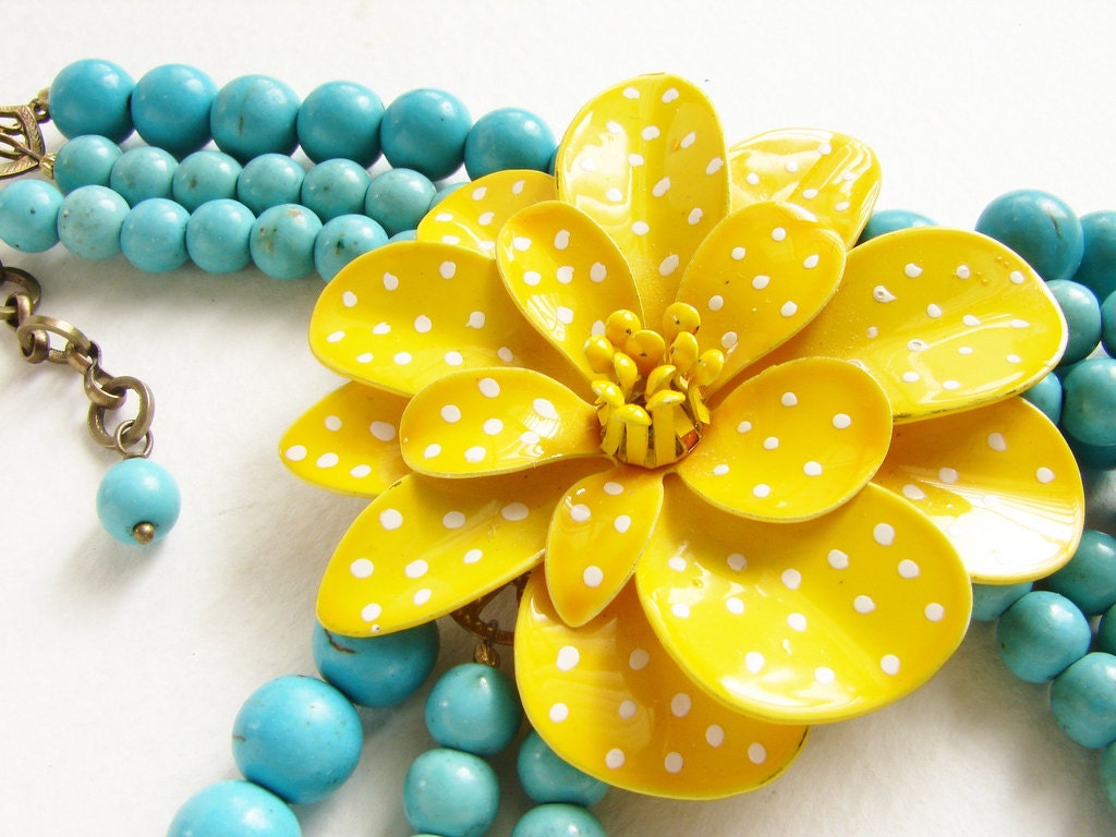 Lemon Yellow statement necklace, Vintage polka dots flower necklace, buttercup turquoise necklace, vintage ooak floral jewelry - soradesigns