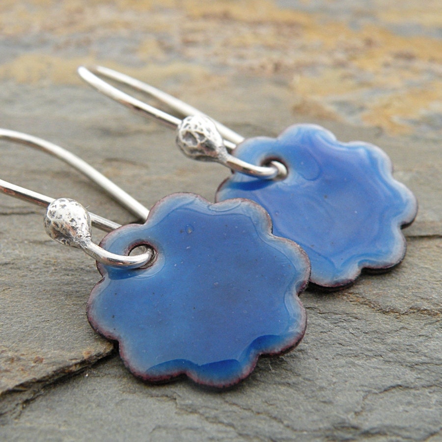 Indigo Blue Earrings, Enameled Flowers, Copper, Sterling Silver Ear Wires