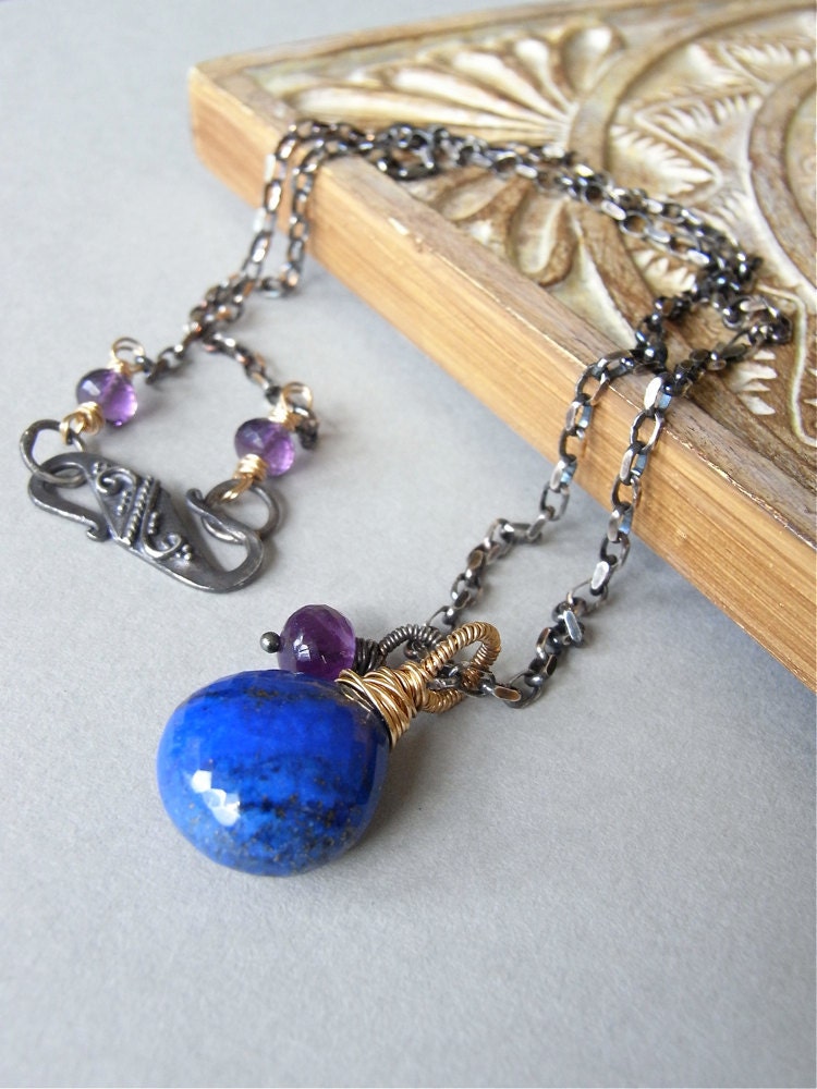 Necklace - sterling silver, wire wrapped, oxidised, lapis lazuli, amethyst, goldfill - Dusk
