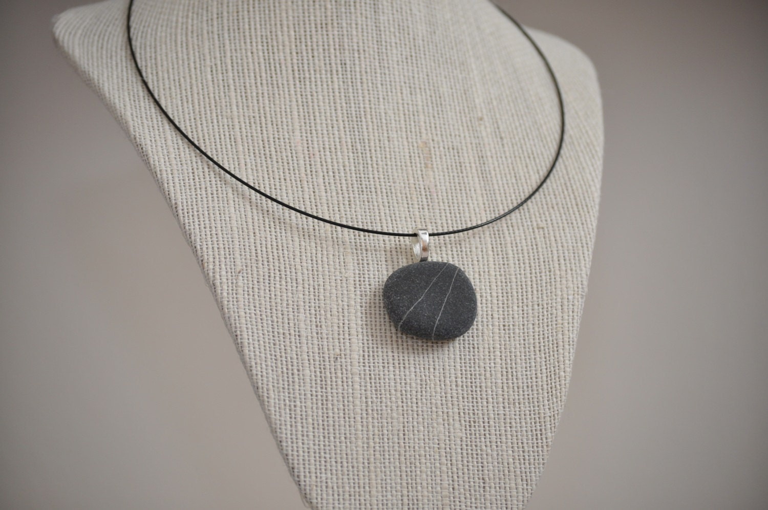 Beach Rock Necklace - Dark Gray Stone with White Stripes
