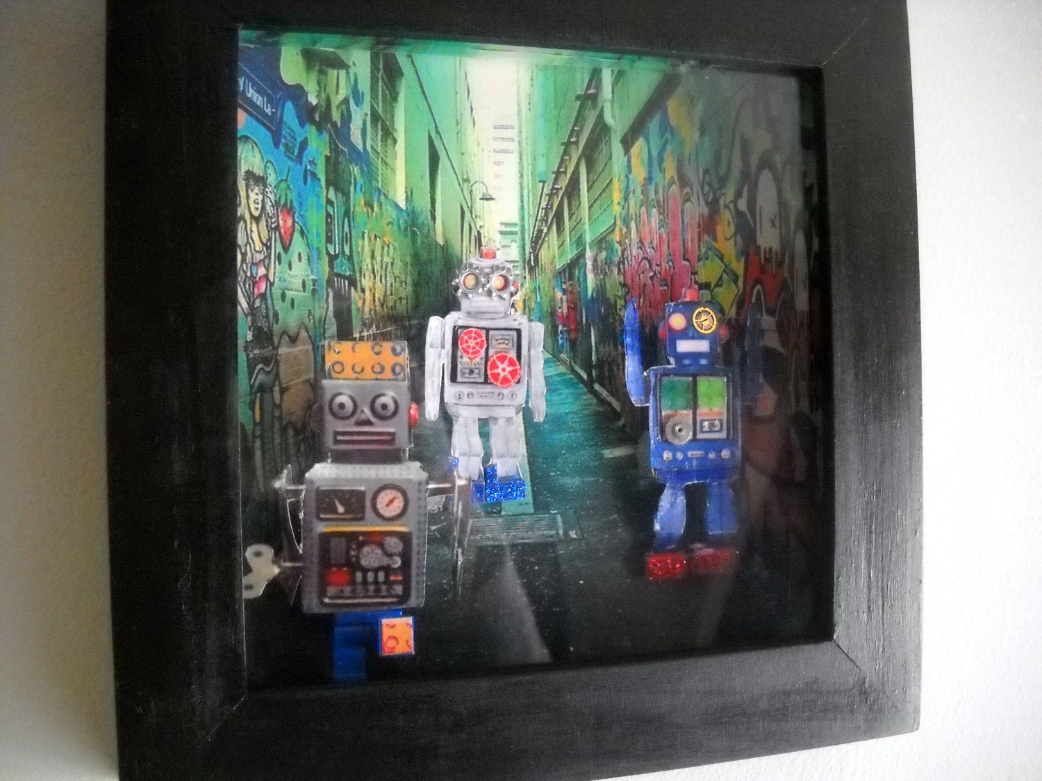 Busted Graffiti Robots - Mixed Media - Shadow Box - Wall Art -