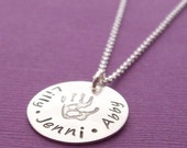 Necklace with Children's Names - Baby Handprint Pendant for Mom  - EWD Personalized Necklace in Sterling Silver - Handwritten Font