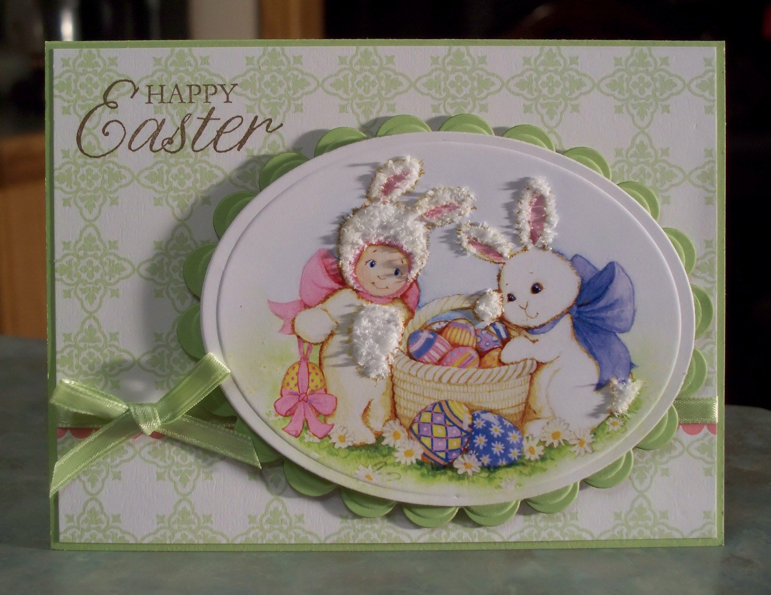 Cute Easter Card, Flower Soft Girl and Bunny