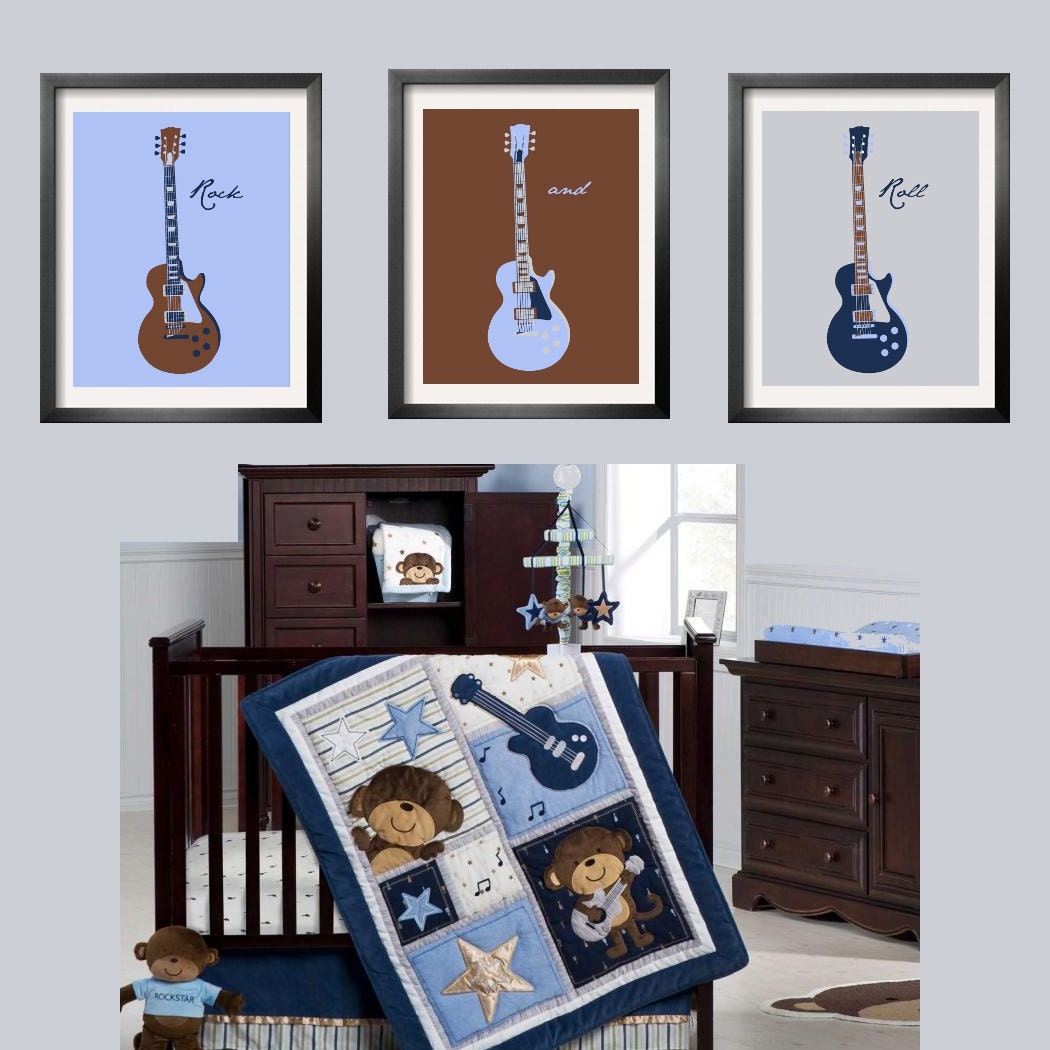 Guitar Prints in baby blue, brown, navy and silver 3 pc set 11x14 Looks great with Carter's Monkey Rockstar Bedding  by Yassisplace.etsy.com