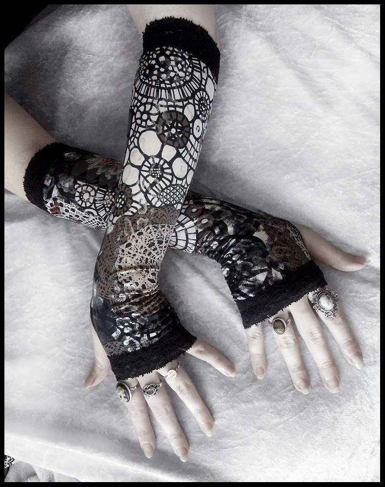 The Tinker's Daughter Arm Warmers - Black Tan Cream Grey - Silver Foil - Lace - Steampunk Noir Gothic Yoga Lolita Goth Bohemian Gears